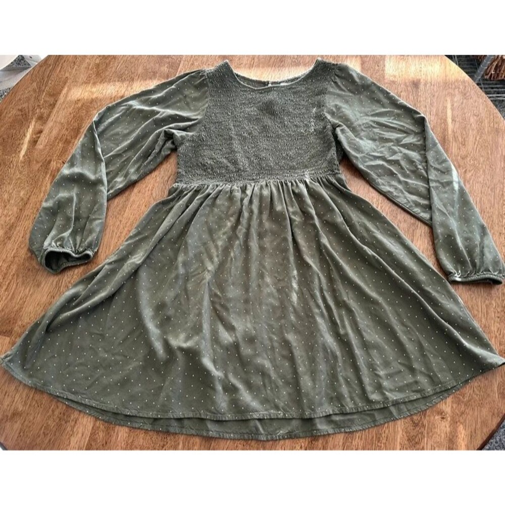 SO Olive Green Polka Dot Smocked Long Sleeve Fit Flare Dress M